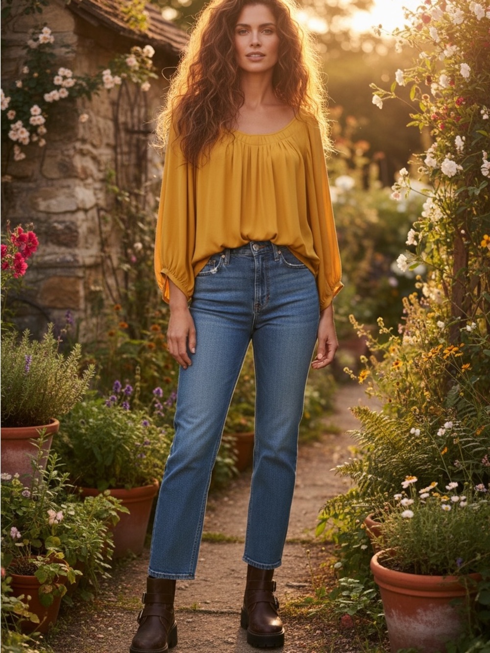 Soft Surroundings Mustard Yellow Peasant Blouse Large Boho Balloon Sleeve Top